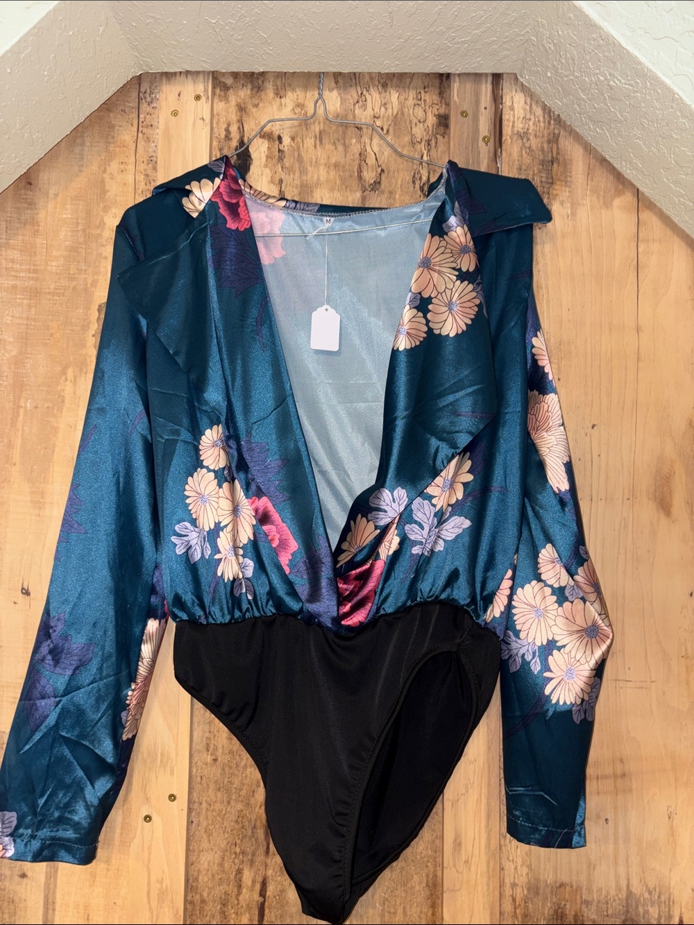 #112 Teal Floral Satin Surplice Bodysuit